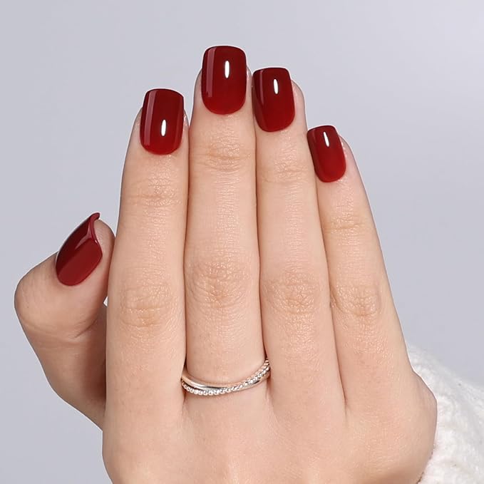 Burgundy Press On Nails - Red Short Square Fake Nails, Square Red Press On Nails Reusable Stick On Nails in 15 Sizes, 30pcs False Nail Kit for Women & Girls (Burgundy)