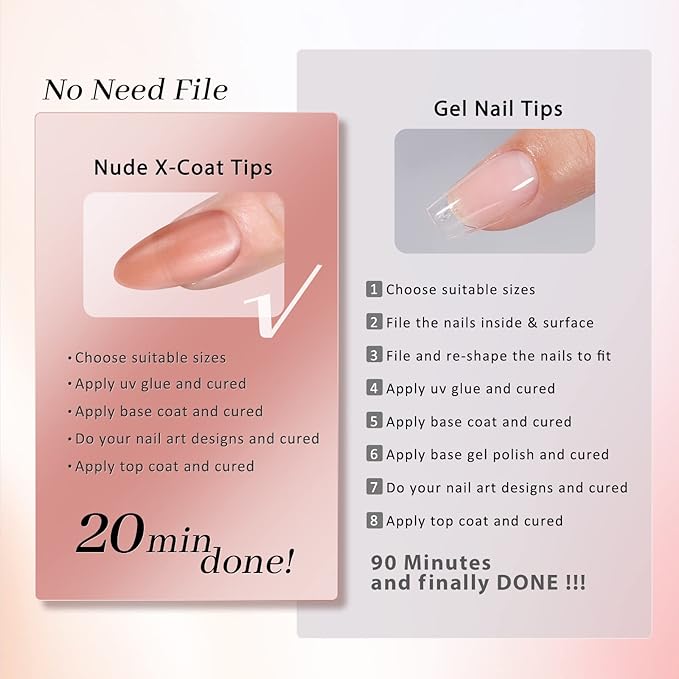BTArtbox Press On Nails Medium - Soft Gel Nail Tips Almond XCOATTIPS Natural with Base Color, Stronger Adhesion, Pre-shaped Ultra Fit Fake Nails for Short Nail Extensions