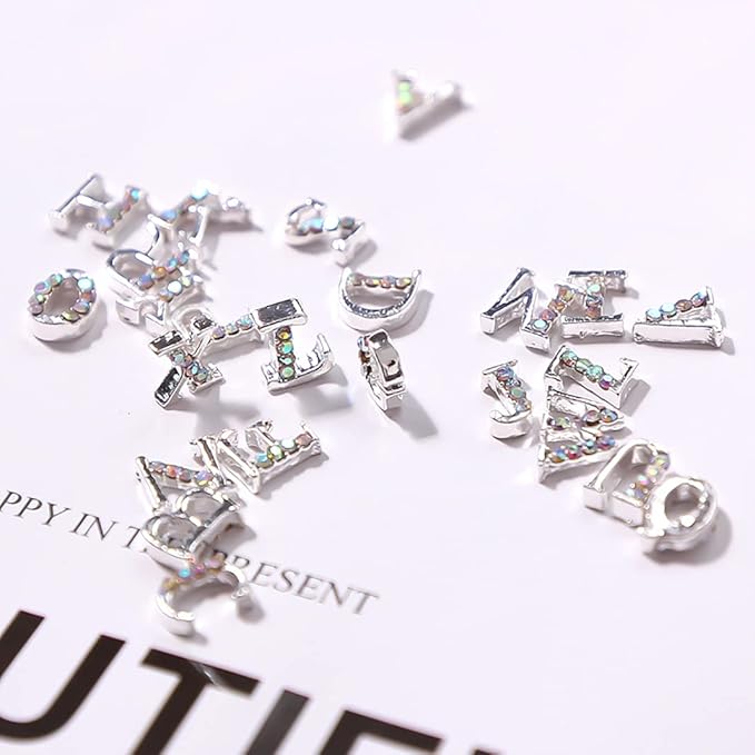 JERCLITY 52pcs 3D Metal Silver English Capital Letters Nail Charms Studs Alloy Rhinestone Nail Charms for Nails Silver Alphabet Stickers for Women Nail Art