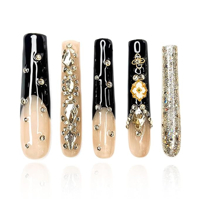 2025 100% Handmade Nails Long and Reusable PMMA Acrylic Press on Nails With Rhinestone Spot Black Design Reusable Full Coverage Fake Nails Handmade Nails Ladies Fake Nail Set (Black, M)
