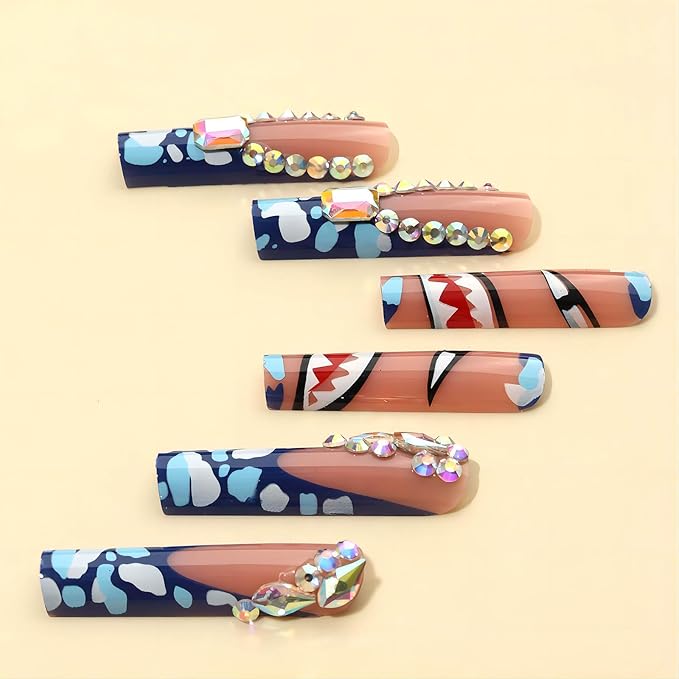 Extra Long Press on Nails Square Fake Nails Blue French Tip Acrylic Nails with Gorgeous Patterns Designs False Nails Rhinestone Glue on Nail for Women 24Pcs