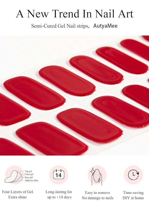 Semi Cured Gel Nail Strips (B Red), 20 Pcs Gel Nail Wraps, Stickers, UV Light Required, Salon Quality, Long Lasting
