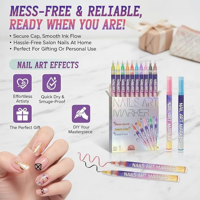 2026 New 12 Colors Nail Art Pens Set, 0.5mm Fine Tip Polish Markers for Drawing - Quick Dry Waterproof DIY Nail Art Kit for Beginners, Gel & Acrylic Nails, Home Salon Manicure Tools (2 Set)