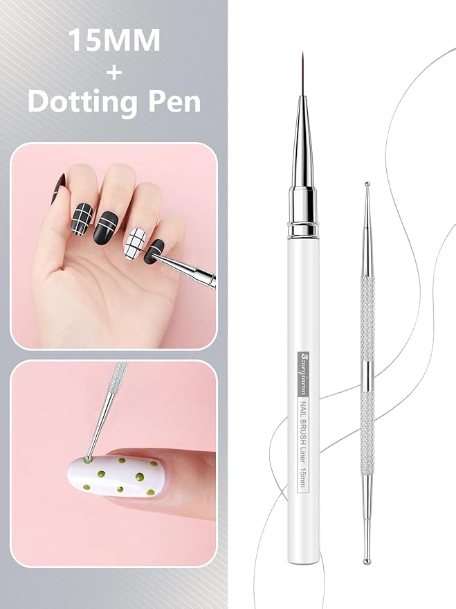 Nail Liner Brush, Fine Line Nail art Brushes 5/9/15/20/25mm Thin Line Nail Brushes Detail Drawing, Liner Brush for Nails Gel (White)