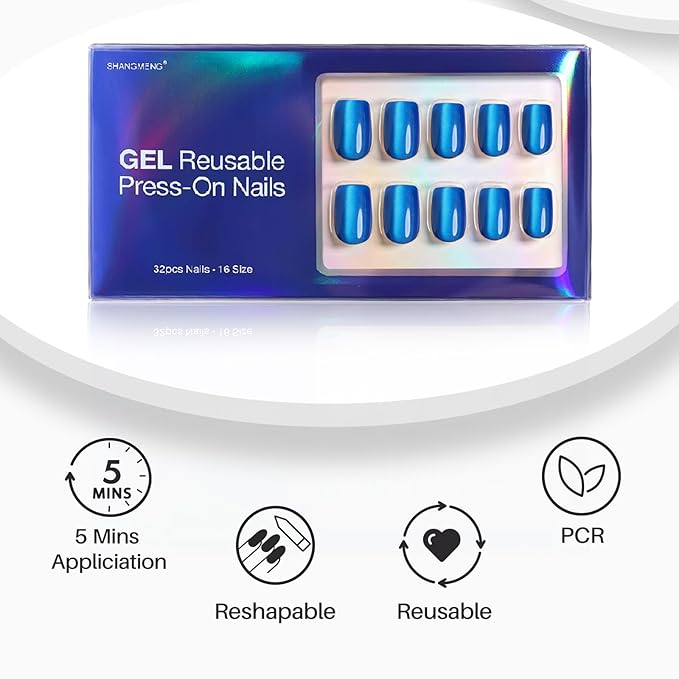 Blue Cat Eye Press on Nails Square - SHANGMENG Soft Gel Press on Nails Short for Women Gift, Fit Perfectly & Natural Stick on Nails with Glue in 16 Sizes - 32 Reusable Fake Nails, Royal Blue