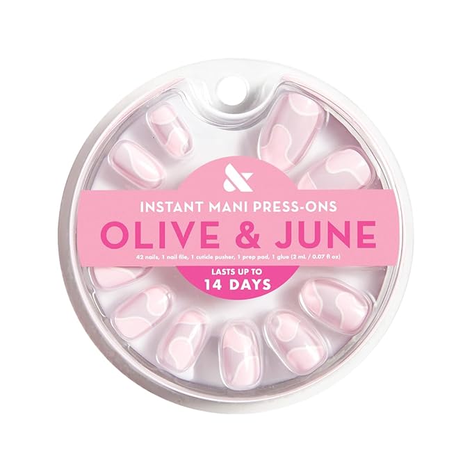 Olive & June Instant Mani Press-On Nails (Glue) | 42 Fake Nails, 21 Sizes | Non-Toxic, Long-Lasting Recycled Materials Realistic Look | Spring Flowers & Patterns | Short, Round | Groovy Swirl