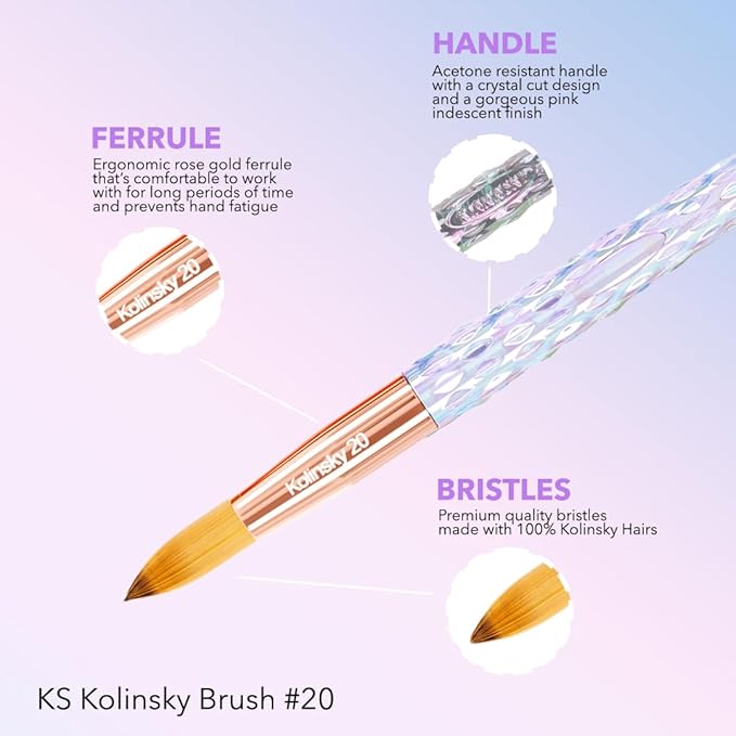 Kiara Sky Acrylic Brush #20 - Clear | 100% Pure Kolinsky | Crystal Cut Handle and Acetone Resistant