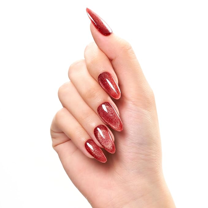 GLAMERMAID Agate Red Press on Nails Medium Almond,Cat eyes Glitter Handmade Glossy Soft Gel Glue on Nails Stiletto, Shrimmer Fake Nails Short Oval, Reusable Acrylic Stick on False Nails Kit for Women
