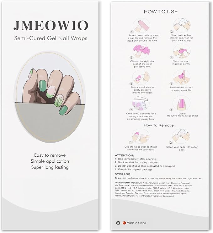 JMEOWIO Gel Nail Stickers Green French Tip Flower Semi Cured Gel Nail Strips Wraps UV/LED Nails Art Design Decoration Accessories