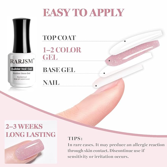 RARJSM Nude Gray Purplish Pink Rainbow Glitter Rubber Base Coat Gel Nail Polish Natural Skin Tone Iridescent Shimmer Brush on Extend Jelly Gelpolish Curing Requires 15ml Salon Home French Manicure