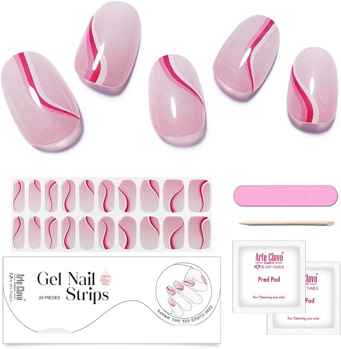 Arte Clavo Semi Cured Gel Nail Strips, Magenta Line, Glitter, 20pcs Gel Nail Strips Work with Any UV Lamp, Salon Quality UV Nails Stickers, Easy to Apply for Home Nails DIY
