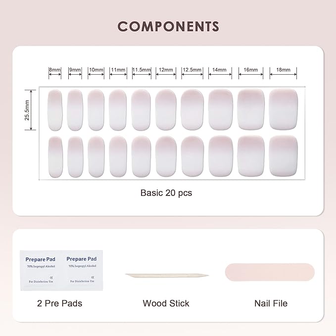 Semi Cured Gel Nail Strips – Real Gel Nail Polish Wraps for Brittle Nails | Waterproof Long Lasting Easy Peel-Off Removal | Hema-Free | 20-Piece Pink Ombre Salon Kit with UV Lamps