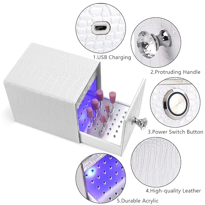 Yokilly Nail Drill Bit Holder,Blue UV Light Box for Grinding Heads Dustproof Stand Displayer Acrylic 48 Holes Nail Salon Organizers Manicure Tools with USB Charging(Not Inlcude Drill Bits)