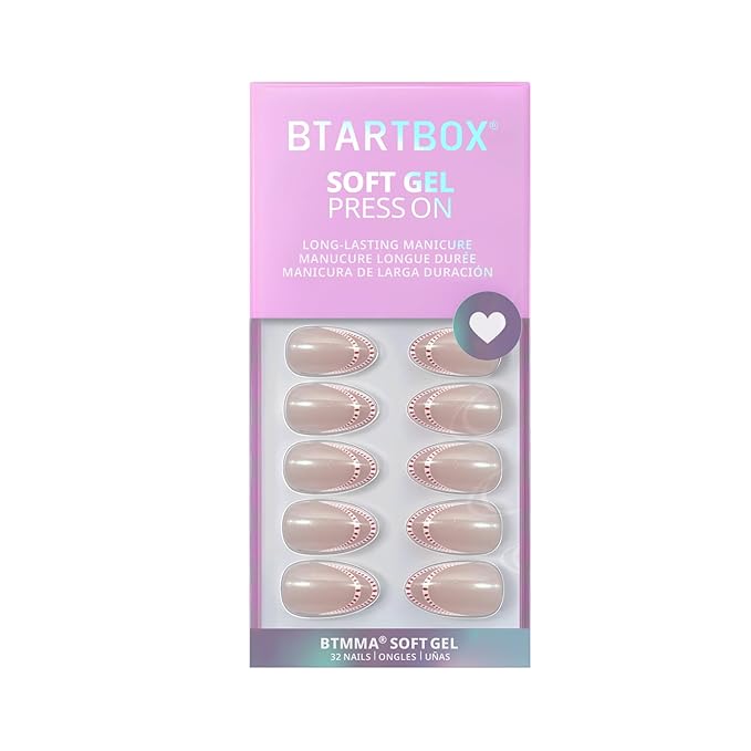 BTArtbox French Tip Press On Nails - Peppermint Kiss, White Pink Short Almond Press On Nails with Glue and Adhesive Tabs for Women in 16 Sizes - 32 Soft Gel Glue On Nails Kit