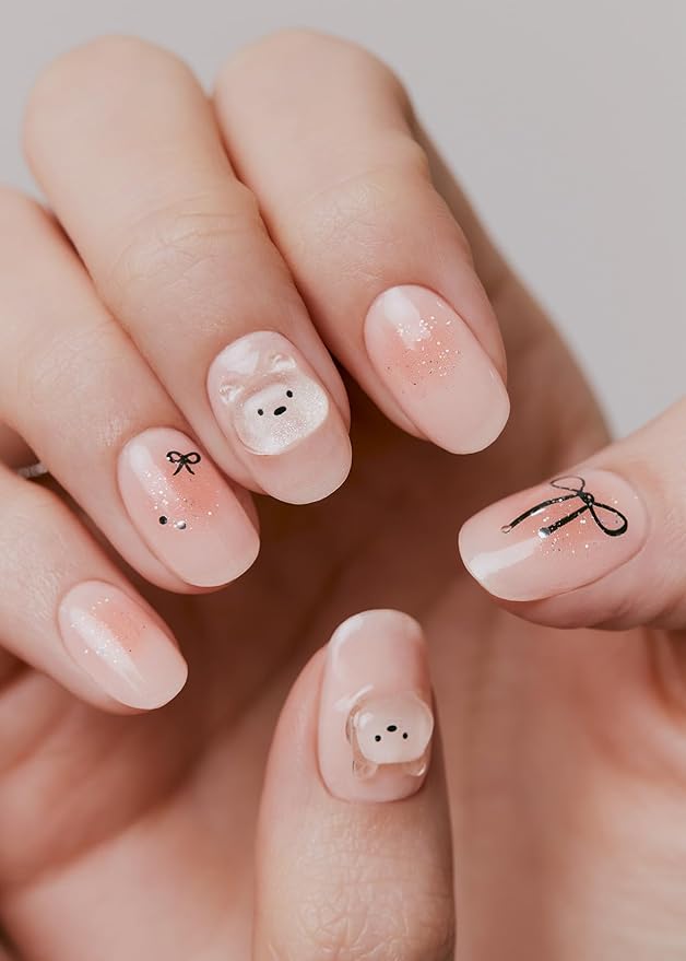 ohora Semi Cured Gel Nail Strips (N Bear Up) - Works with Any Lamps, Salon-Quality, Long Lasting, Easy to Apply & Remove - Includes 2 Prep Pads, Nail File & Wooden Stick