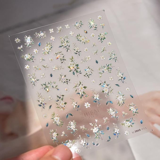 Holographic White Jasmine Flower Nail Art Stickers, 3D Floral Design with Iridescent Effect