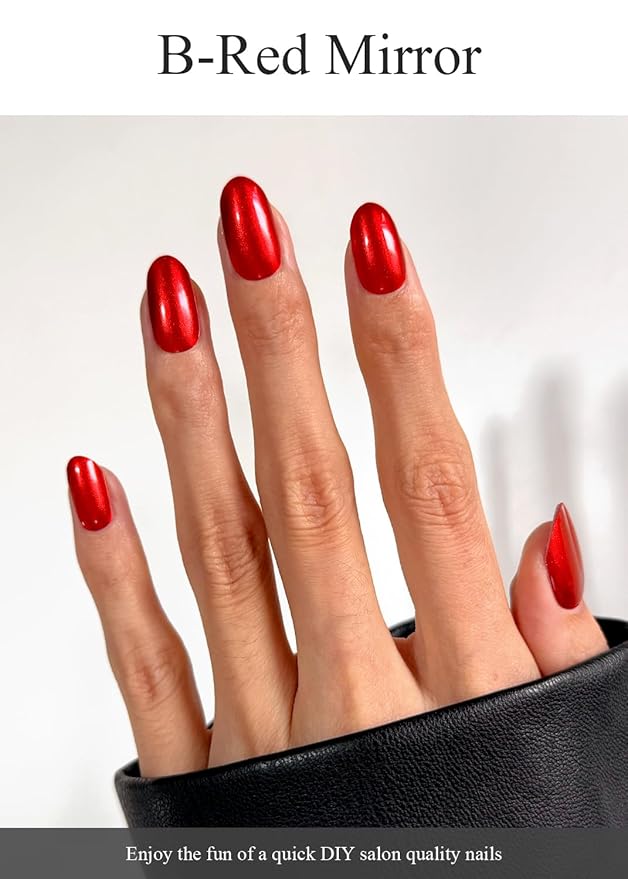 Semi Cured Gel Nail Strips (B-Red Mirror), Chrome, 20 Pcs Gel Nail Wraps, Stickers, Salon Quality, Long Lasting, Works with Any UV Lamps