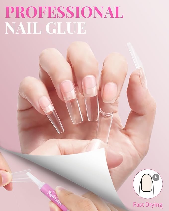 MORGLES Clear Acrylic Nail Tips, 500 Pcs French Nail Tips Square Half Cover with Glue, Clipper, Files and Cuticle Fork for Salons and Home DIY