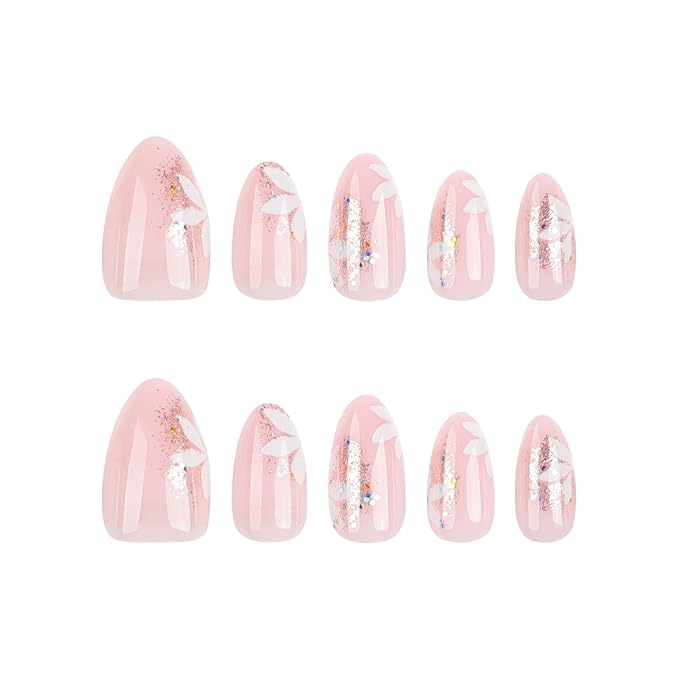 Fall Short Press On Nails Almond, Nude Fake Nails accented with golden glitter and Graceful White Floral Petal Design, Glossy Gel Finish Acrylic Nails, Natural Reusable Glue On Nails Kit for Women