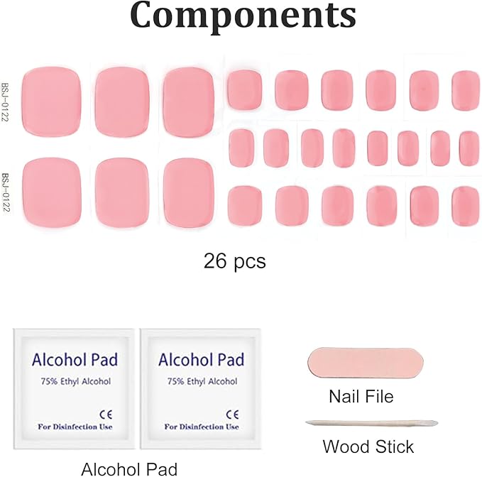26 Pcs Pink Semi Cured Gel Toe Nail Strips Pink Gel Nail Stickers Full Cover Nails Wraps Self Adhesive Toe Nails Polish Strips Stickers for Women UV/LED Light Required