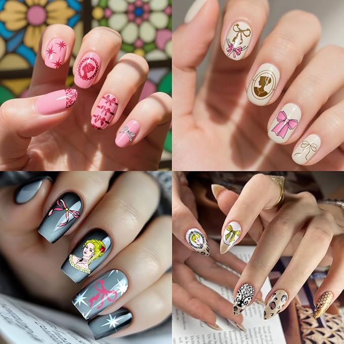PH PandaHall 3pcs Retro Lady Portrait Nail Stamp Plates Bow Tie Nail Arts Templates Lace Ribbon Nails Art Stencils Vintage Style Nails Image Plates for Women DIY Manicures Salon Design Printing
