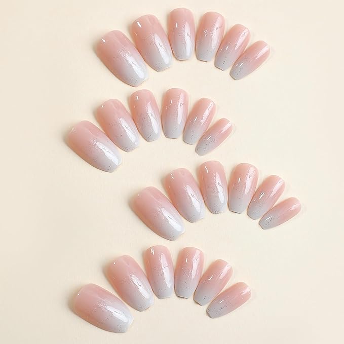 Ombre Press on Nails Medium Coffin Fake Nails Pink Gradient False Nails with Glitter Designs Glossy Glue on Nail Bling Shiny Full Cover Acrylic Stick on Nail for Women Manicure 24Pcs