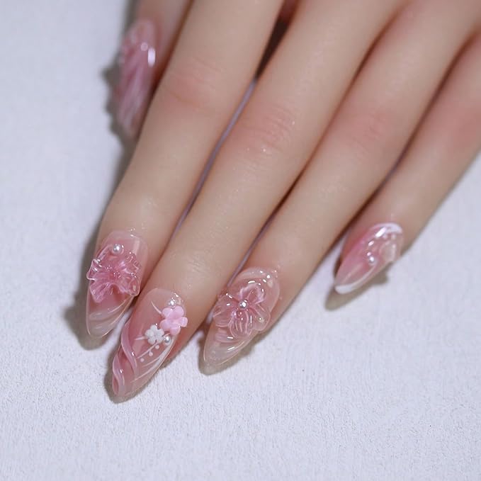 Pink Gradient Press on Nails Handmade Press on Nails Medium Almond Fake Nails Muti-Layer Gel Acrylic Nails with Flower Pearl Bow Embossed Design Thick False Nail Glue on Nail for Women (Size S)