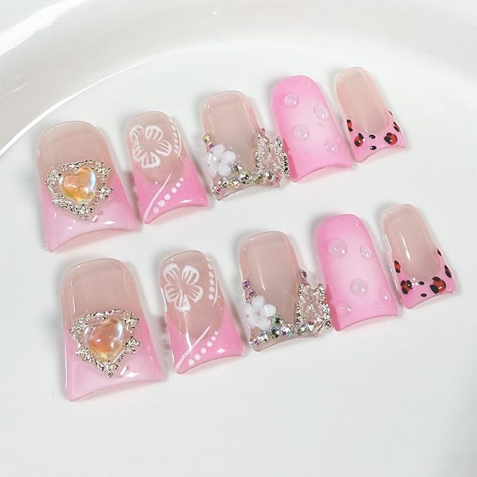 Medium Duck Handmade Press on Nails Nude Pink Fake Nails Butterfly Charms Luxury Gems Design Thick False Nails with Glue,Muti-Layer Gel Press ons Nail Reusable Nails for Women(Size S)