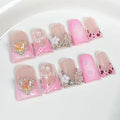 Medium Duck Handmade Press on Nails Nude Pink Fake Nails Butterfly Charms Luxury Gems Design Thick False Nails with Glue,Muti-Layer Gel Press ons Nail Reusable Nails for Women(Size S)