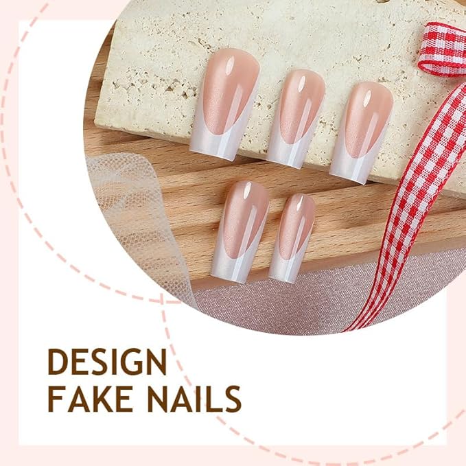 French Tip Press on Nails Medium Square Fake Nails Press ons with Designs Chrome False Nails Glossy Cat Eye Full Cover Glue on Nails Cute Acrylic Stick on Nail for Women Nail Decoration 24Pcs