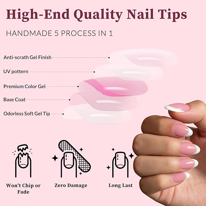 240PC White French Tip Press on Nails Short Fake Nails Press ons with 5*Adhesive Tabs, Pink Almond Acrylic Nail Press on Nail French Tip Nails False Artificial Fingernails Stick on Nails-E