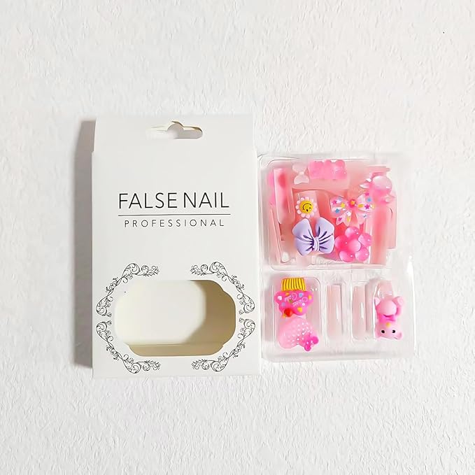 24Pcs Long Press on Nails Square Fake Nails with Charms Nude Pink Acrylic Nails Cute Heart Bear Charm Designs Glue on Nails Reusable Artificial Full Cover Stick on Nails for Women and Girls