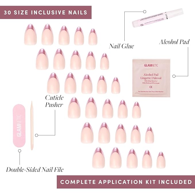 Glamnetic Press On Nails - Rock Candy Fake Nails | Trendy Short Almond Nails with Metallic Chrome Pink French Tips | 15 Sizes - 30 Nail Kit with Glue