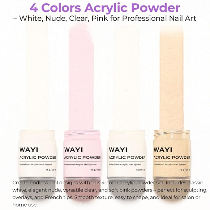 WAYI Acrylic Nail Kit with Acrylic Liquid Monomer 58ml, 4 Colors Powder (Pink White Clear Nude), French Tips, Clipper, Nail Brush, Nail Art Tools for Beginners and Professionals