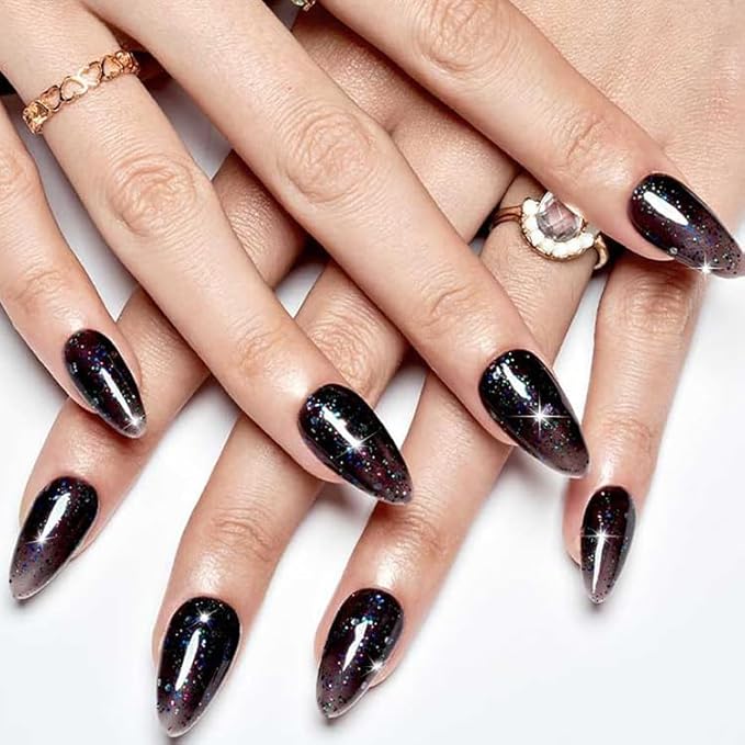 GLAMERMAID Glitter Black Press on Nails Medium Almond, Handmade Glossy Jelly Soft Gel Glue on Nails Stiletto, Galaxy Shrimmer Fake Nails Short Oval, Reusable Acrylic Stick on False Nails Kit for Women