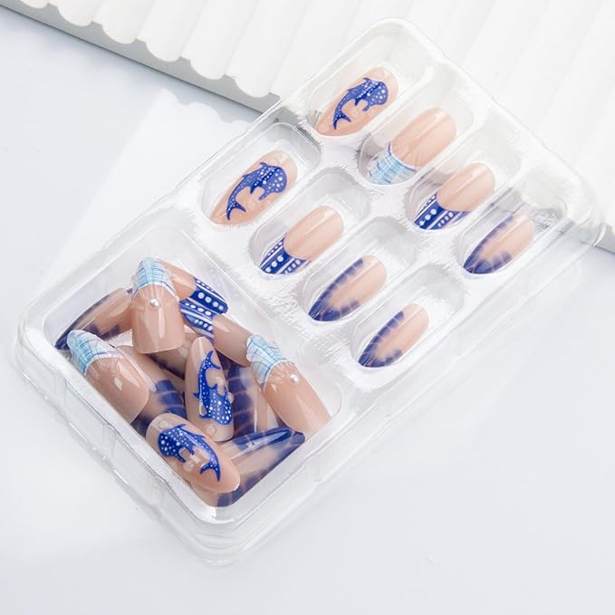 Almond Press on Nails Medium Summer Fake Nails Blue French Tip False Nails Press ons Ocean Fish Acrylic Nails Glossy Glue on Nail for Women Manicure 24Pcs