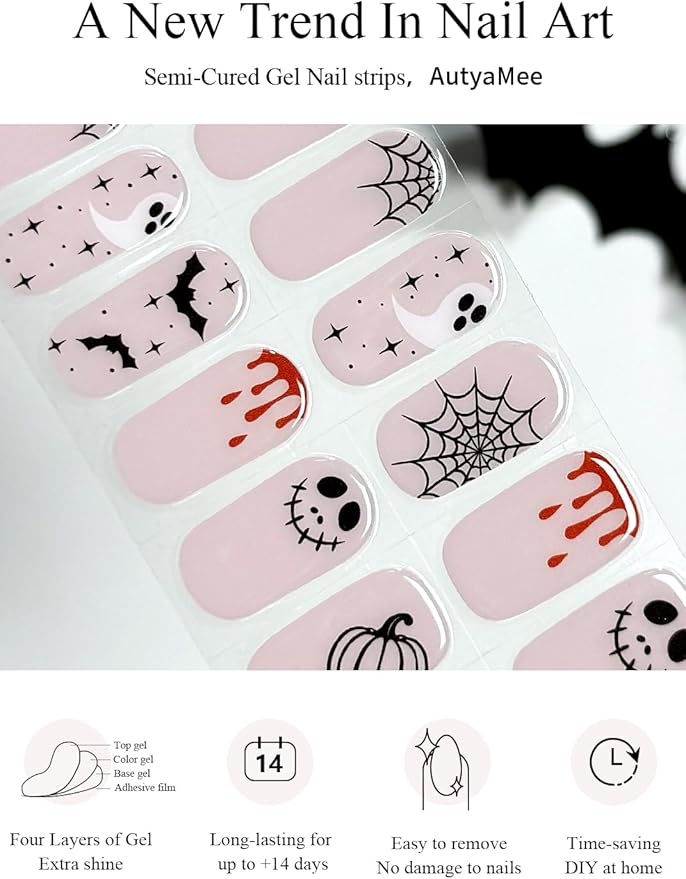 Semi Cured Gel Nail Strips (Trick or Treat), Halloween, Bat Skull Pumpkin, 20 Pcs Pink Gel Nail Wraps, Stickers, Salon Quality, Works With Any UV Lamps