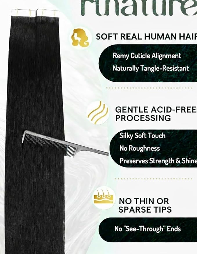 RUNATURE 22 Inch Black Tape in Extensions Real Human Hair, Long Straight Hair Extensions for Women, No Shedding, Can be Curled, 20pcs 50g #1 Jet Black