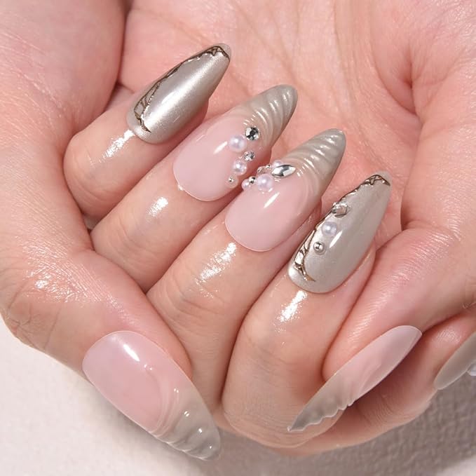 evpct Nude Pink 3D Press on Nails Short Almond with Wave Pearl Design, 3D Wave Tip Stick on Nail for Women Gift, Reusable Full Cover Soft Gel Press on Fake Nail Perfectly Fit with Diamond Design