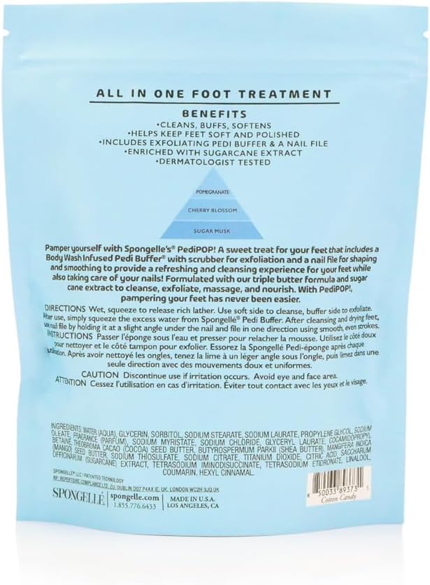 Spongellé Cotton Candy PediPOP! Pedi Buffer & Nail File | All-in-One Pedicure Treatment | Exfoliates, Softens & Cleanses | 30+ Washes | Vegan & Cruelty-Free