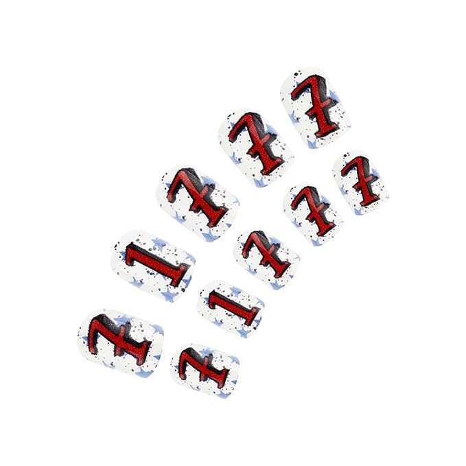 4th of July Press on Nails Short Square Fake Nails Full Cover 1776 False Nails with Blue Star Designs Glossy Glue on Nails Cute Acrylic Nails Manicure Artificial Nails for Women Girls 24Pcs