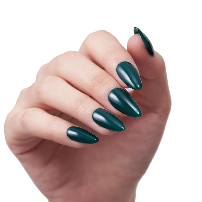 GLAMERMAID Dark Green Press on Nails Medium Almond, Holly Gel False Nail, Atrovirens Gloss Natural Stiletto Glue on Nails Kit for Women, Reusable Short Oval Stick on Acrylic Fake Nails Manicure Set
