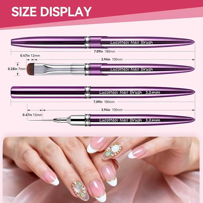 Nail Art Brushes Set 2-Piece: French Tip Brush and 12mm Liner Brush for Gel Clean Up, Smile Lines & Nail Design (Purple)