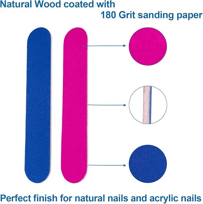 Emery Boards for Nails, 100 Pcs Nail Files for Nature Nails Small Disposable Double Sided Colorful Nail File Bulk for Home Salon Travel Size Mini Manicure Kit for Men Women Kids Wood Emory Pink/Blue