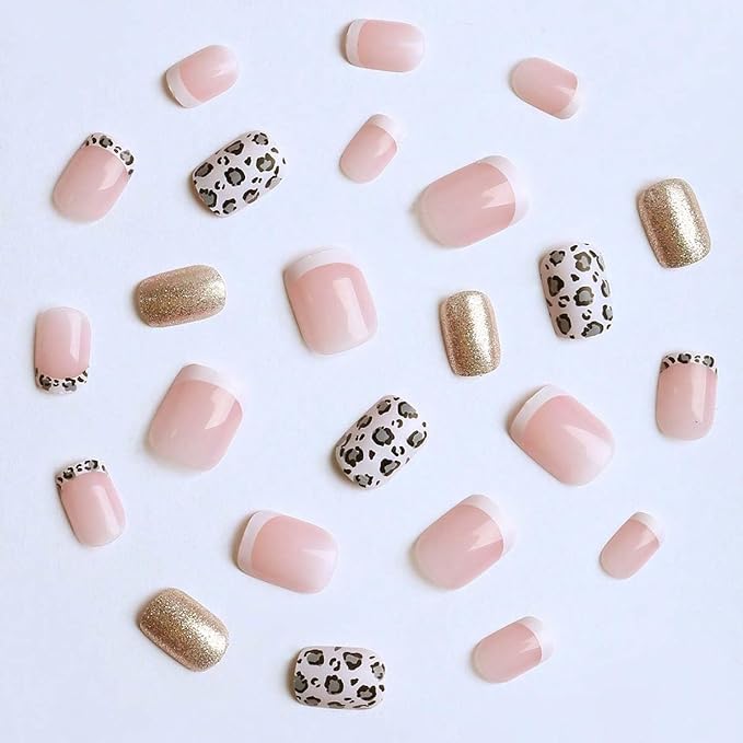 Leopard Print Press on Nails Short Square Fake Nails Glitter Nails Press ons with Design Full Cover Glossy Glue on Nail Stick on Nails for Women Manicure,Reusable | Glue Tabs | Easy Apply | 24Pcs