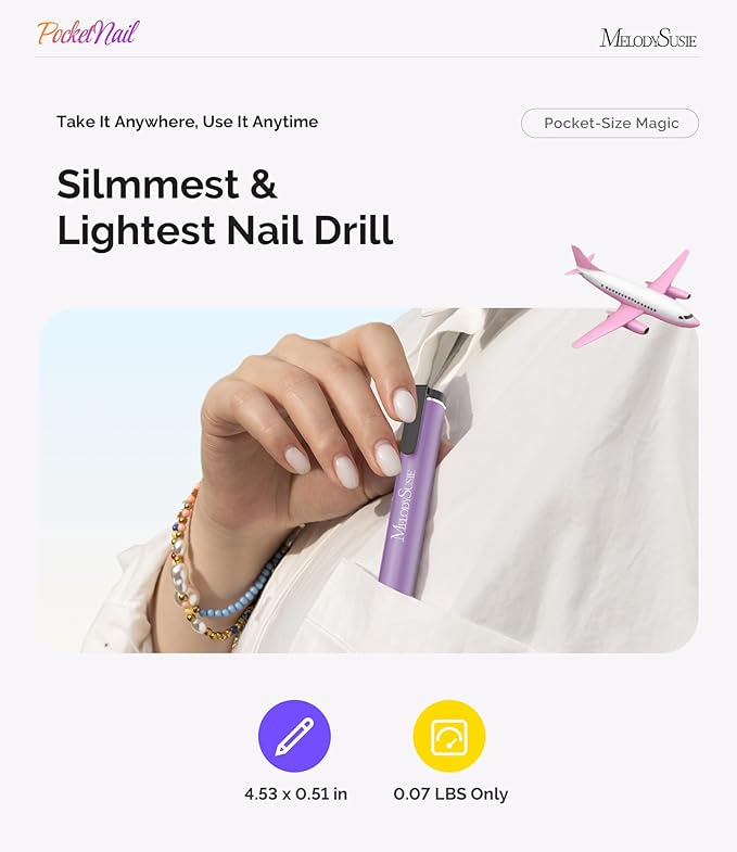 MelodySusie PocketNail Slim Ergonomic Pen-Shaped USB Nail Drill, PC100G 20000RPM Portable Electric File for All Manicure, Pedicure Nail Care, Shaping & Gel Removal at Home for Beginners