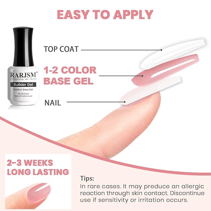 RARJSM Rubber Base Gel for Nails Sheer Pink,Builder Extension Gel,Rubber Base Coat Nude Gelpolish,Shimmer Natural Pink GelNailPolish Nail Strengthener Soak Off Curing Requires 1 Bottle 15ml