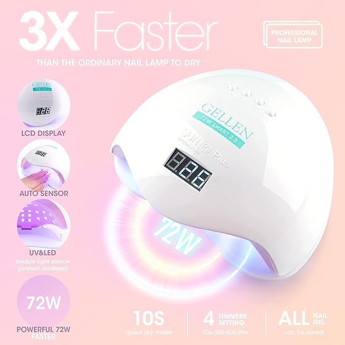 Gellen Gel Nail Polish Kit with U V LED Light 72W Nail Dryer, 12 Gel Nail Colors, No Wipe Top Base Coat, Nail Art Decorations, Manicure Tools, All-In-One Manicure Kit for Mother's Day Gift