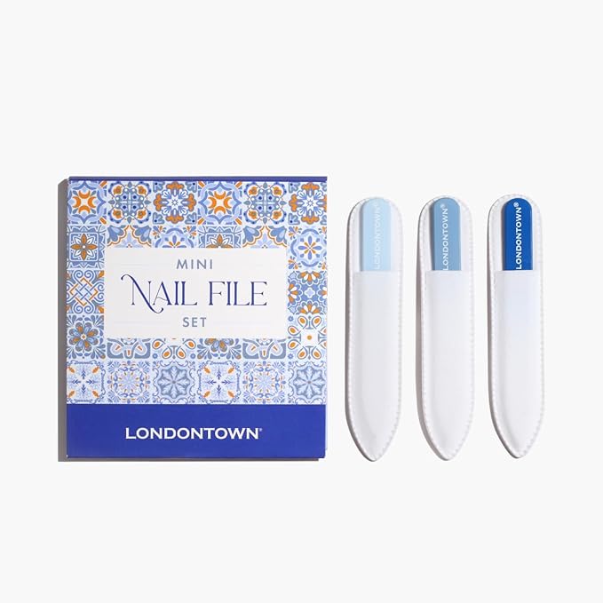 LONDONTOWN Mini Glass Double-Sided Nail File Set - Professional Travel-Sized Crystal Files with Case, Set of 3