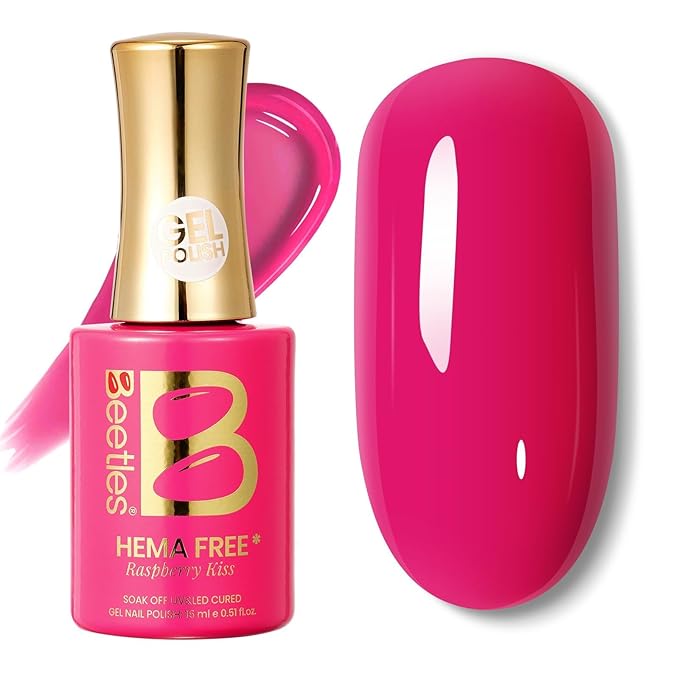 Beetles Raspberry Gel Nail Polish - Raspberry Kiss Hema Free Hot Pink Gel Polish, 15ML/0.51Fl Oz Same Color Same Bottle, Soak Off UV LED Lamp Neon Pink Nails, Spring Summer Nails Art Manicure Salon